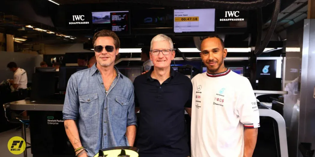 Brad Pitt, Tim Cook, and Lewis Hamilton during the F1 weekend at the Circuit of the Americas 2022