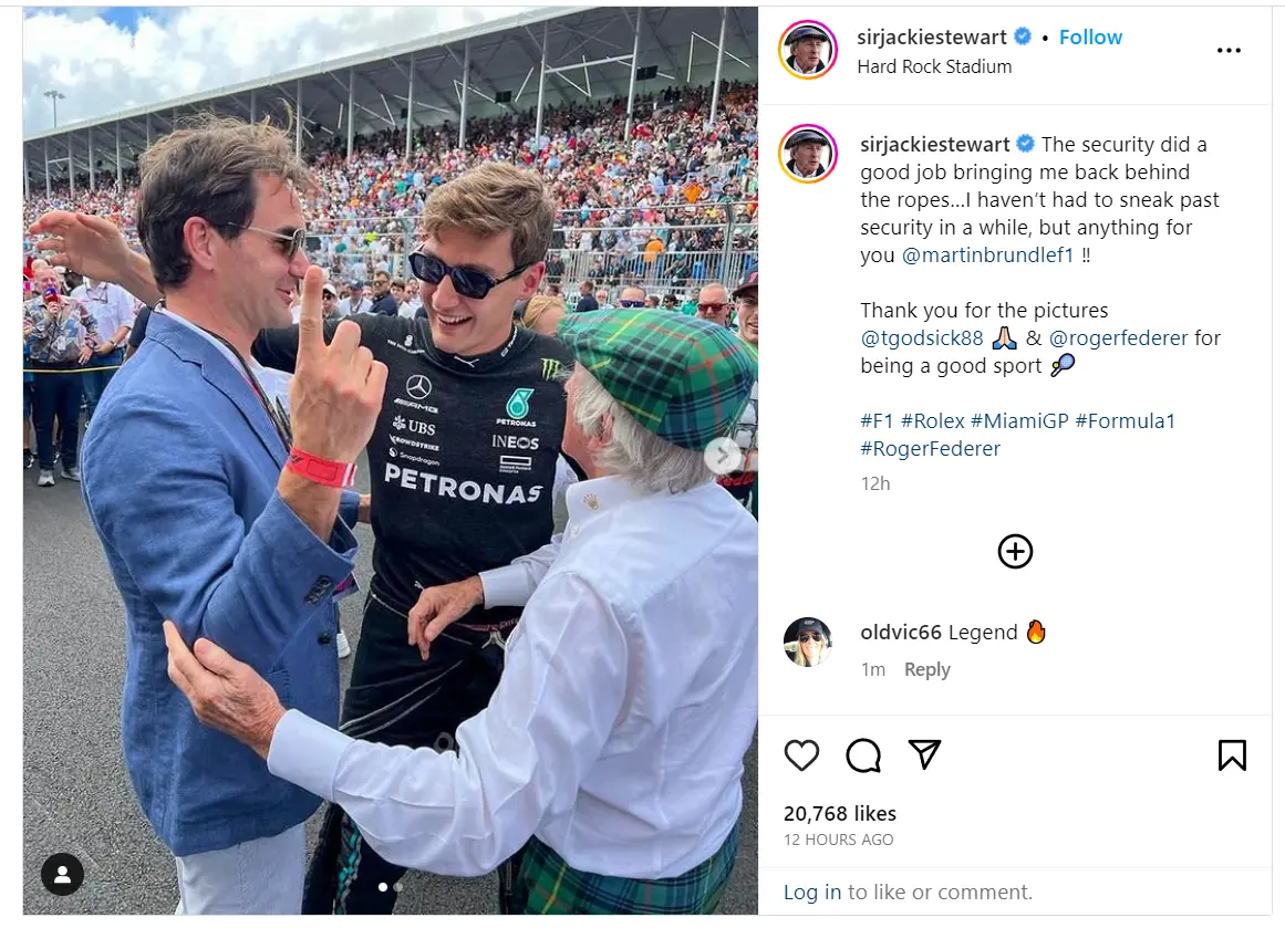 Sir Jackie Steward Instagram Post about the security incident at the 2023 Miami Gran Prix 