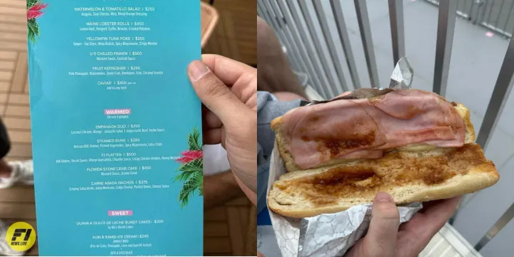 A menu and a $42 sandwich inside the Miami GP concourse