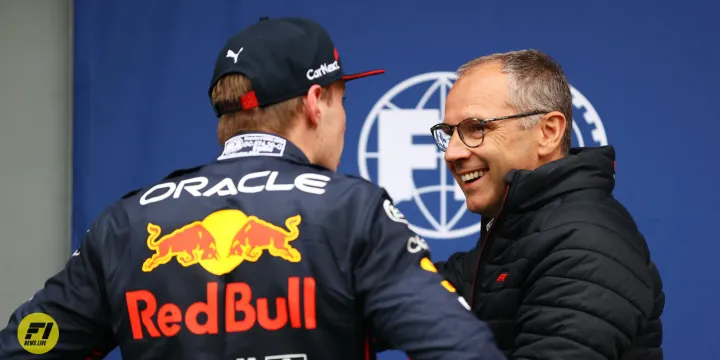 Max Verstappen and Stefano Domenicali at the 2022 Grand Prix of Emilia Romagna-Red Bull Content Pool