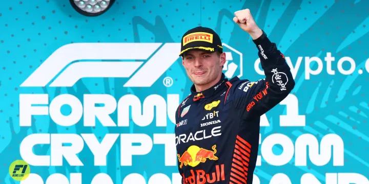 Max Verstappen celebrating his victory at the Miami GP 2023