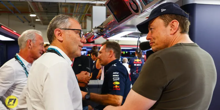 Stefano Domenicali and Elon Musk in the Red Bull Garage at the 2023 Miami Grand Prix-Red Bull Content Pool 