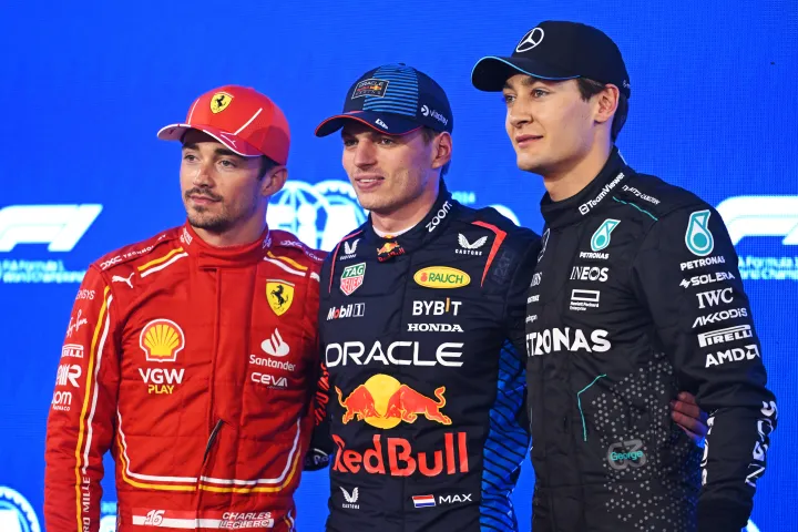 Charles Leclerc, Max Verstappen and George Russell after qualifying at the 2024 BahrainGP